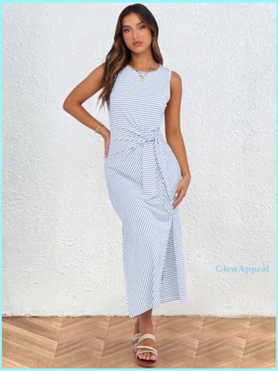 Slim Fit Midi Dress with Tie Waist and Slit, Sleeveless Tank Style for Summer - Picture 6 of 7